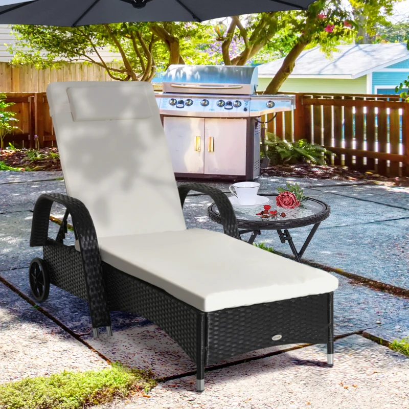 Outsunny Adjustable Rattan Sun Lounger Outdoor Recliner w/ Cushion Garden Pool Black