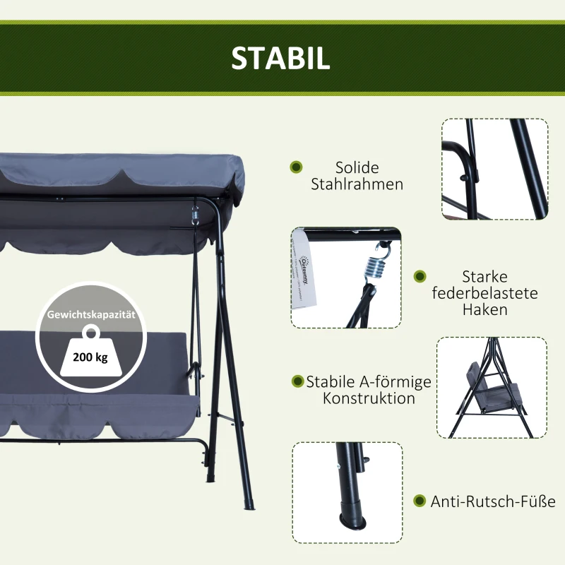 Outsunny Hollywoodschaukel mit verstellbarem Sonnendach, 3-Sitzer Gartenschaukel mit Anti-Rutsch-Füßen, wasserabweisend Schaukelbank belastbar bis 200 kg, für Garten, 172x110x153cm, Grau