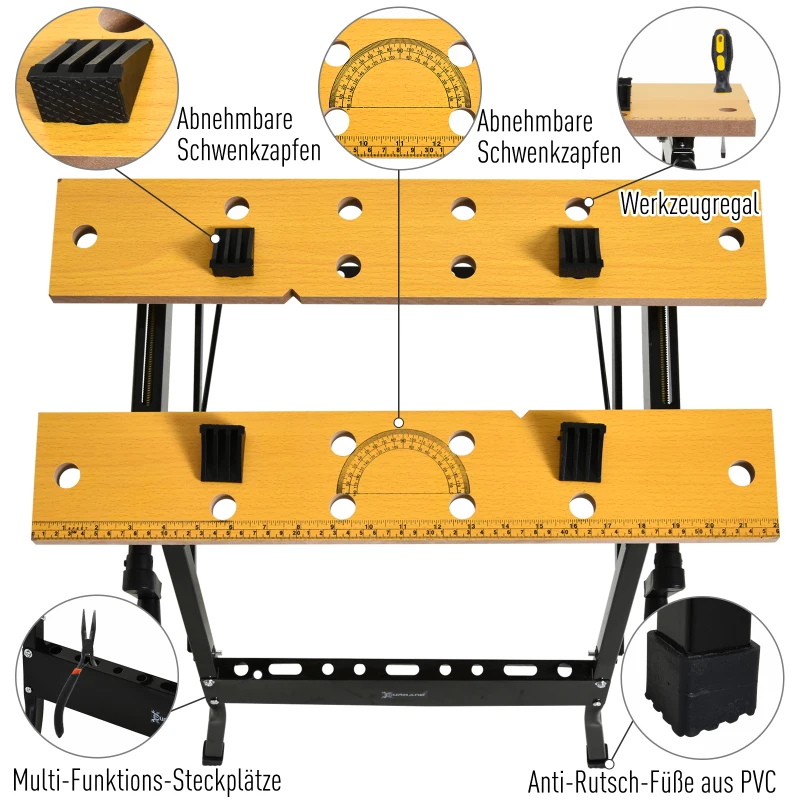 DURHAND verstelbare werkbank, werkbank, werktafel, staal, MDF, naturel, zwart, 60,5 x 62,5 x 78,5 cm werkbank werktafel staal MDF naturel zwart | Aosom.de