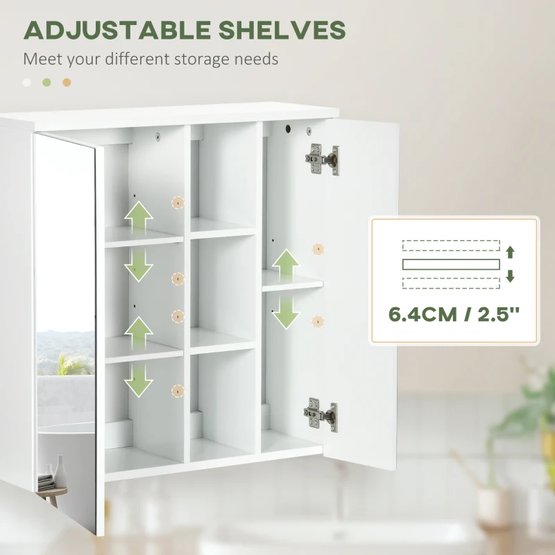 kleankin Dulap pentru medicamente montat pe perete, dulap cu oglinda pentru baie cu usi duble, 3 rafturi pentru depozitare deschise si reglabile, alb