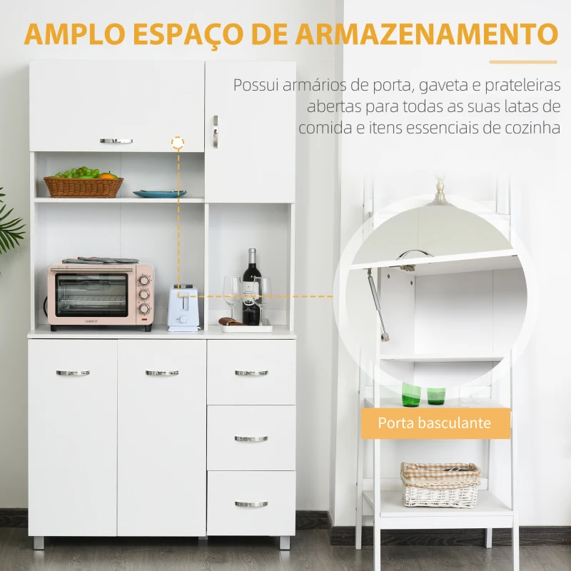 HOMCOM Armário de Cozinha Armário Alto com 3 Gavetas 4 Portas Prateleiras Interiores Ajustáveis e Pés Elevados Móvel Auxiliar para Sala de Jantar Sala de Estar 100x39,5x183,5cm Branco