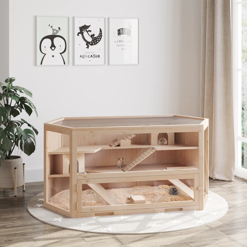 PawHut Kooi voor kleine dieren hamsterkooi kooi knaagdierkooi muizenkooi 3 verdiepingen dennenhout