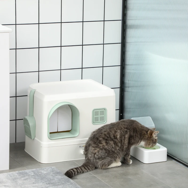 PawHut Litiera pentru pisici 2 in 1 cu fantana de baut, tava pentru gunoi pentru pisici cu lopatica pentru sertar, aromatizatoare, intrare frontala, 50 x 40 x 40 cm, Alb