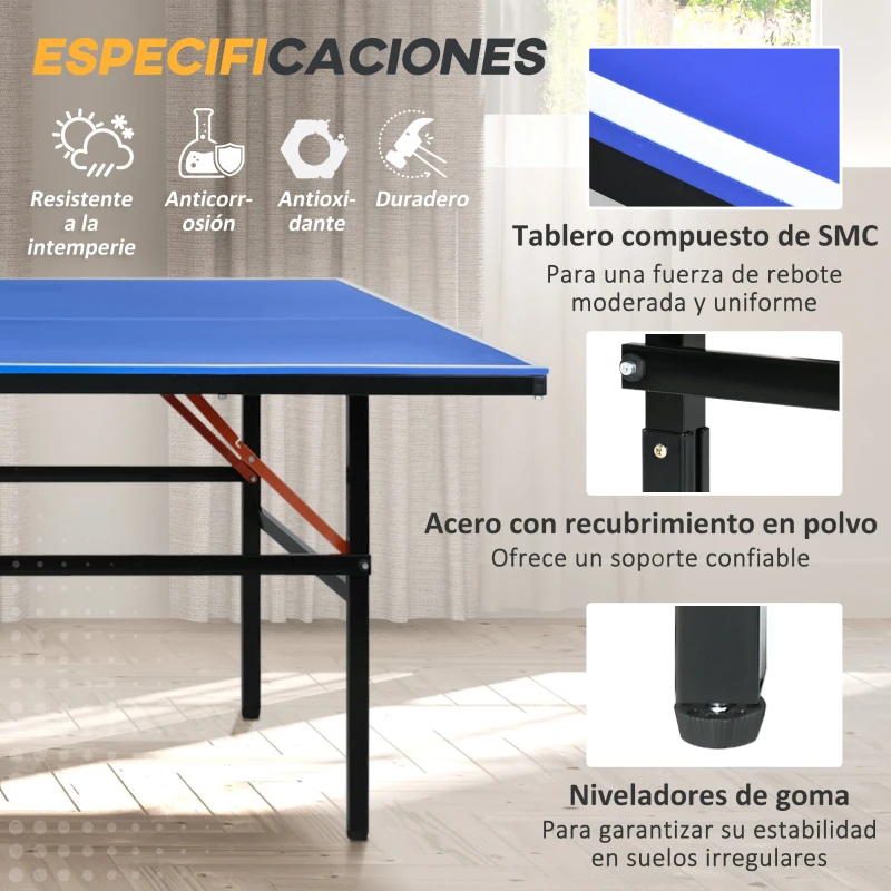 SPORTNOW Mesa de Ping Pong Plegable con Ruedas para Interior y Exterior con Red Palas y Pelota 274x152,5x76 cm Azul