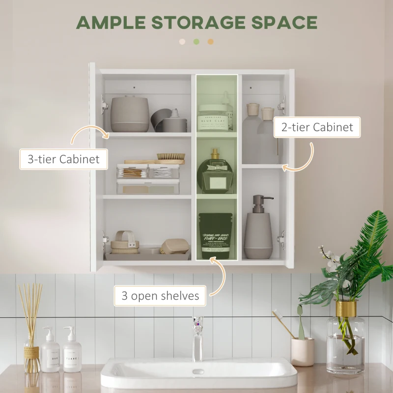 kleankin Dulap pentru medicamente montat pe perete, dulap cu oglinda pentru baie cu usi duble, 3 rafturi pentru depozitare deschise si reglabile, alb