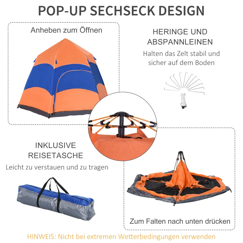 Outsunny Quick-Up Waterdicht Maken Tent - Dubbelwandige Familie Tent voor 4-6 Personen, Snel Op Te Zetten