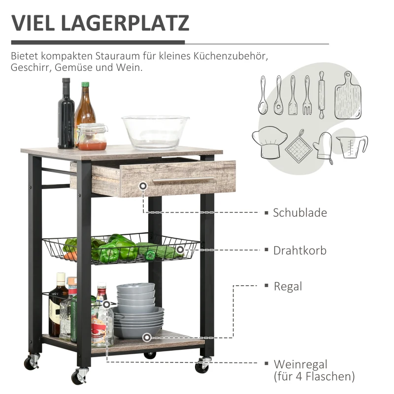 HOMCOM Küchenwagen Küchenrollwagen Servierwagen mit Ablage Schublade Weinregal Spanplatte Metall Grau Eiche 60 x 50 x 84,5 cm
