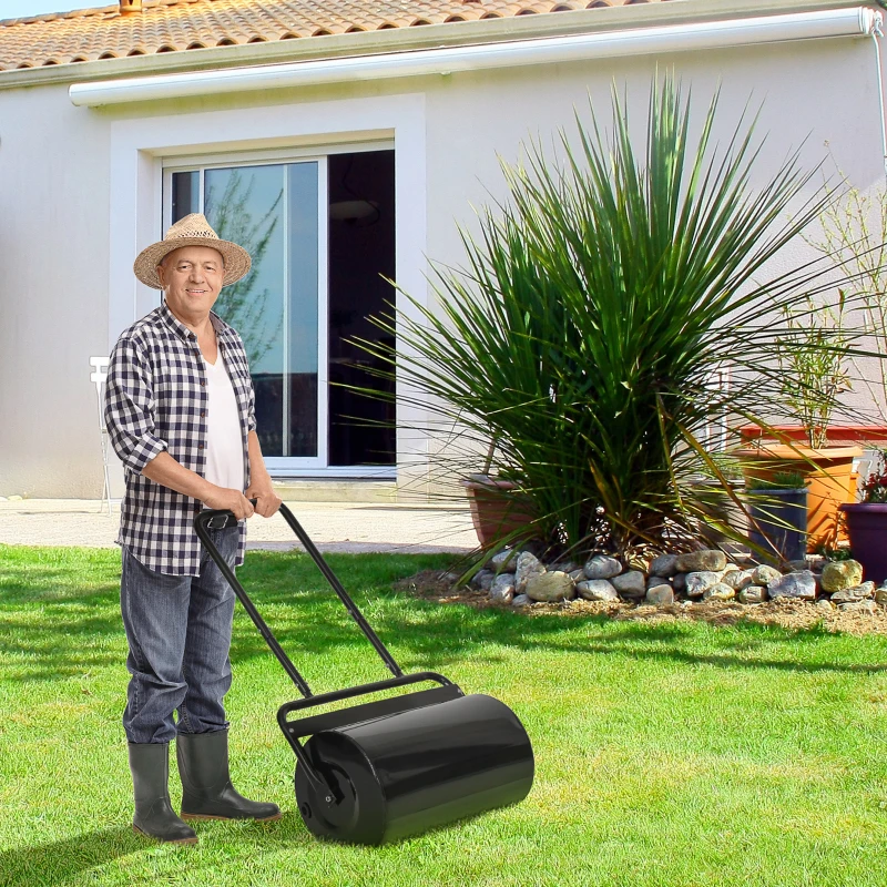 Outsunny gazonwals met U-handgreep, tuinwals, tuinroller, 32 cm diameter, vulling 38 l water/62 kg zand, metaal, zwart 59 x 32,5 x 107 cm