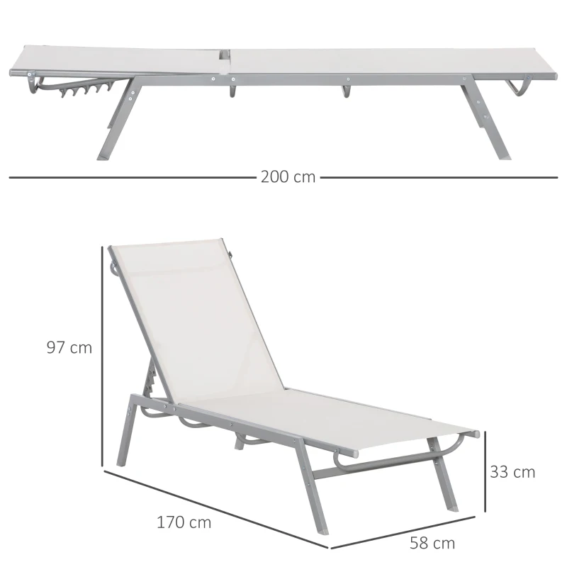 Outsunny Tuinligstoel 5-traps rugleuning metaal crème wit 170 x 58 x 97 cm