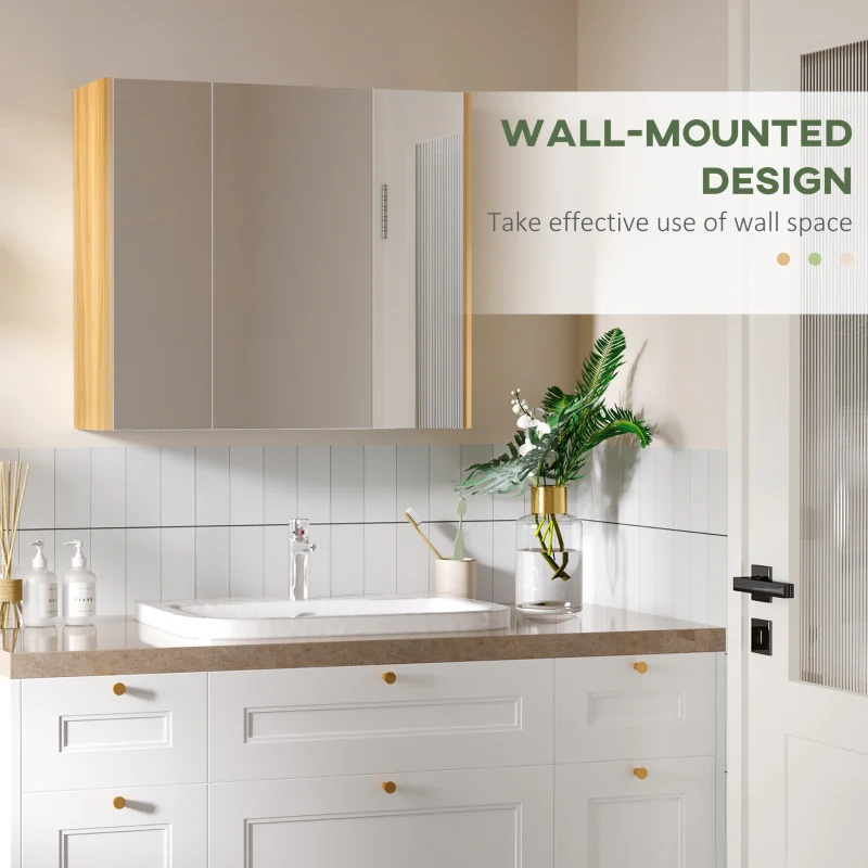 Kleankin Dulap pentru medicamente montat pe perete, dulap cu oglinda pentru baie cu 3 usi si rafturi de depozitare reglabile, alb