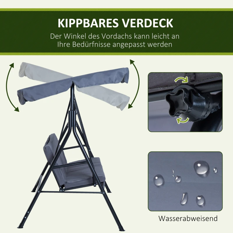Outsunny Hollywoodschaukel mit verstellbarem Sonnendach, 3-Sitzer Gartenschaukel mit Anti-Rutsch-Füßen, wasserabweisend Schaukelbank belastbar bis 200 kg, für Garten, 172x110x153cm, Grau
