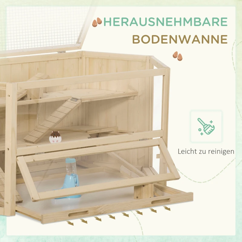 PawHut Kleine Dierenkooi, Knaagdierenhuis met 1 Ramp, 1 Schommel, Uitschuifbare Bodemlade, Dennenhout, Natuur(m-7)