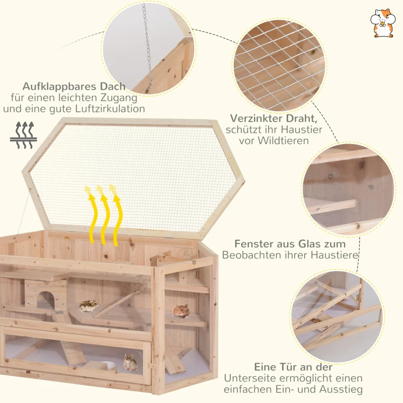 PawHut Kleintierkäfig mit Rampe 115 cm x 60 cm x 55 cm, Wippe Tannenholz Natur