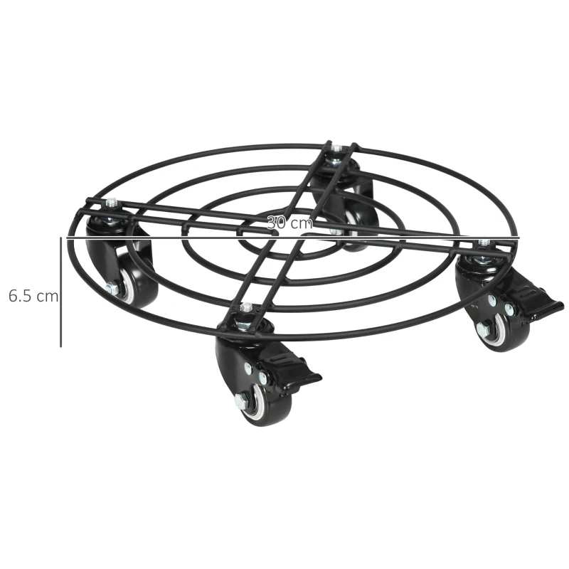 Outsunny Cărucior Suport Ghiveci cu Roți Ø30cm din Metal cu Roți Pivotante și Frână, Negru
