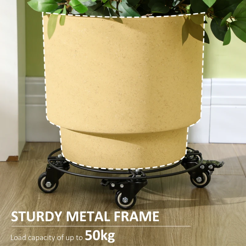 Outsunny Cărucior Suport Ghiveci cu Roți Ø30cm din Metal cu Roți Pivotante și Frână, Negru