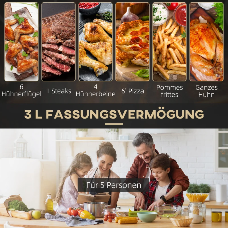 HOMCOM Heißluftfritteuse 3 L 1300W mit 12 Menüs LED-Display Antihaftbeschichteter Korb für gesundes ölfreies fettarmes Kochen Schwarz 29,5 x 23,8 x 30,3 cm