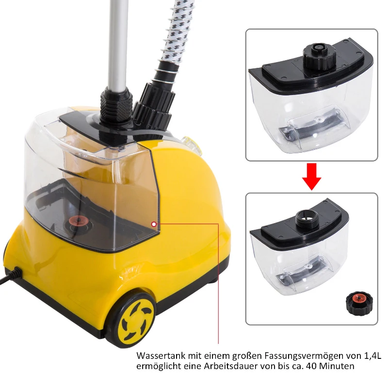 HOMCOM Stoomstijltang stoomborstel 1800W stoomstrijkijzer verticaal stoomstation 1,4L geel