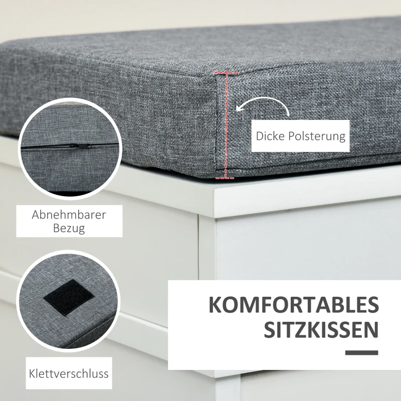 HOMCOM Schuhregal, Schuhbank mit Kissen und 2 Kipper, Schuhkipper, Schuhtruhe, MDF, Polyester, Schaumstoff, Weiß+Grau, 104 x 24 x 55 cm