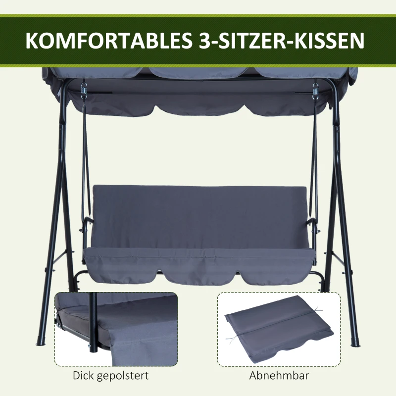 Outsunny Hollywoodschaukel mit verstellbarem Sonnendach, 3-Sitzer Gartenschaukel mit Anti-Rutsch-Füßen, wasserabweisend Schaukelbank belastbar bis 200 kg, für Garten, 172x110x153cm, Grau