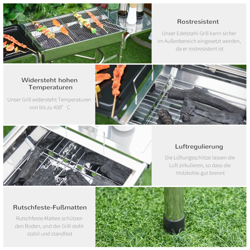 Outsunny Houtskoolgrill BBQ grill staande grill houtskoolgrill shashlikgrill roestvrij staal 68 x 30 cm