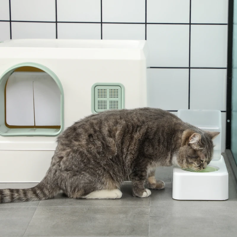 PawHut Litiera pentru pisici 2 in 1 cu fantana de baut, tava pentru gunoi pentru pisici cu lopatica pentru sertar, aromatizatoare, intrare frontala, 50 x 40 x 40 cm, Alb