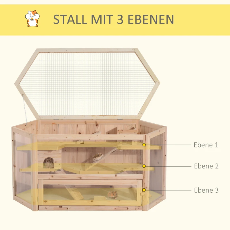 PawHut Kleintierkäfig mit Rampe 115 cm x 60 cm x 55 cm, Wippe Tannenholz Natur