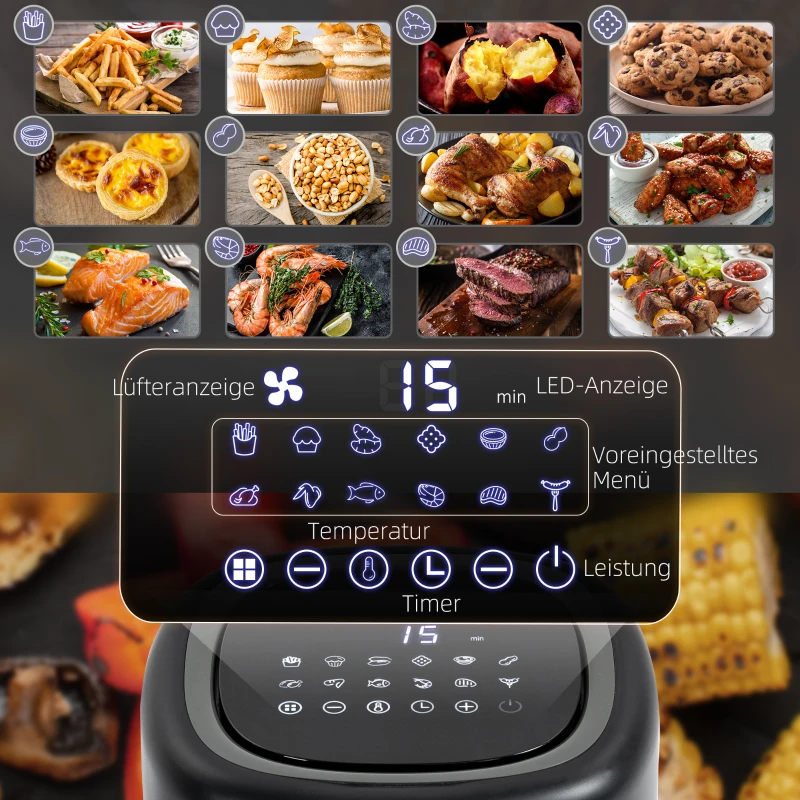 HOMCOM Heißluftfritteuse 3 L 1300W mit 12 Menüs LED-Display Antihaftbeschichteter Korb für gesundes ölfreies fettarmes Kochen Schwarz 29,5 x 23,8 x 30,3 cm