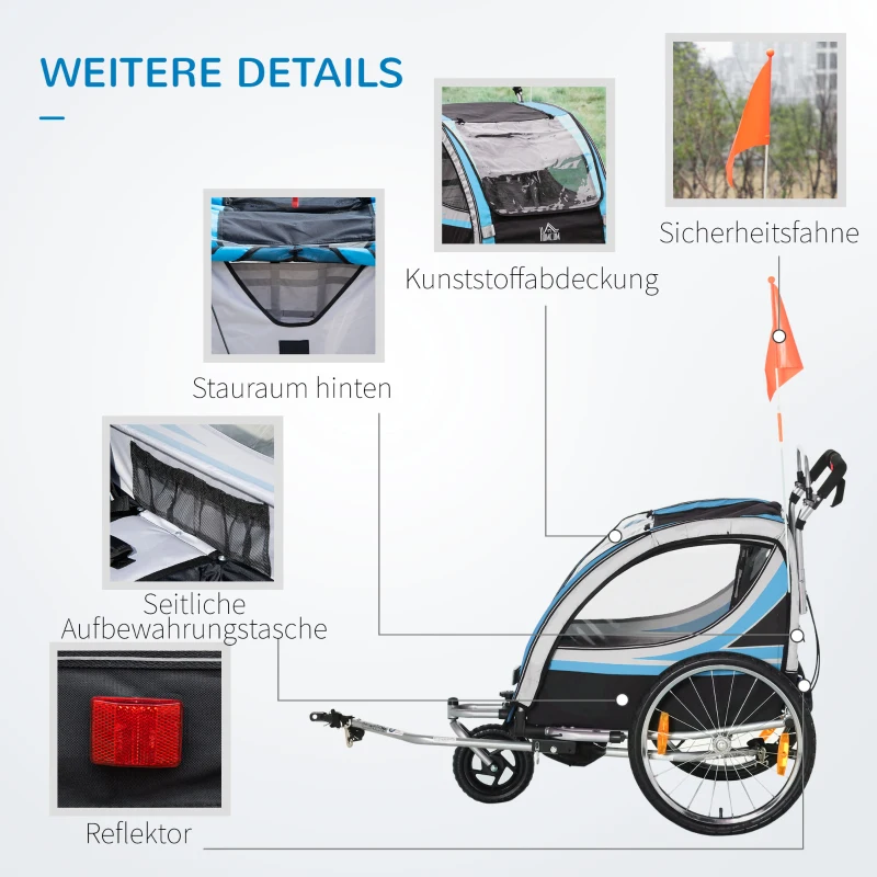 HOMCOM przyczepa dziecięca, wózek, 5-punktowy pas bezpieczeństwa, sprzęgło uniwersalne, stalowe, niebieskie, 142 x 75 x 101 cm