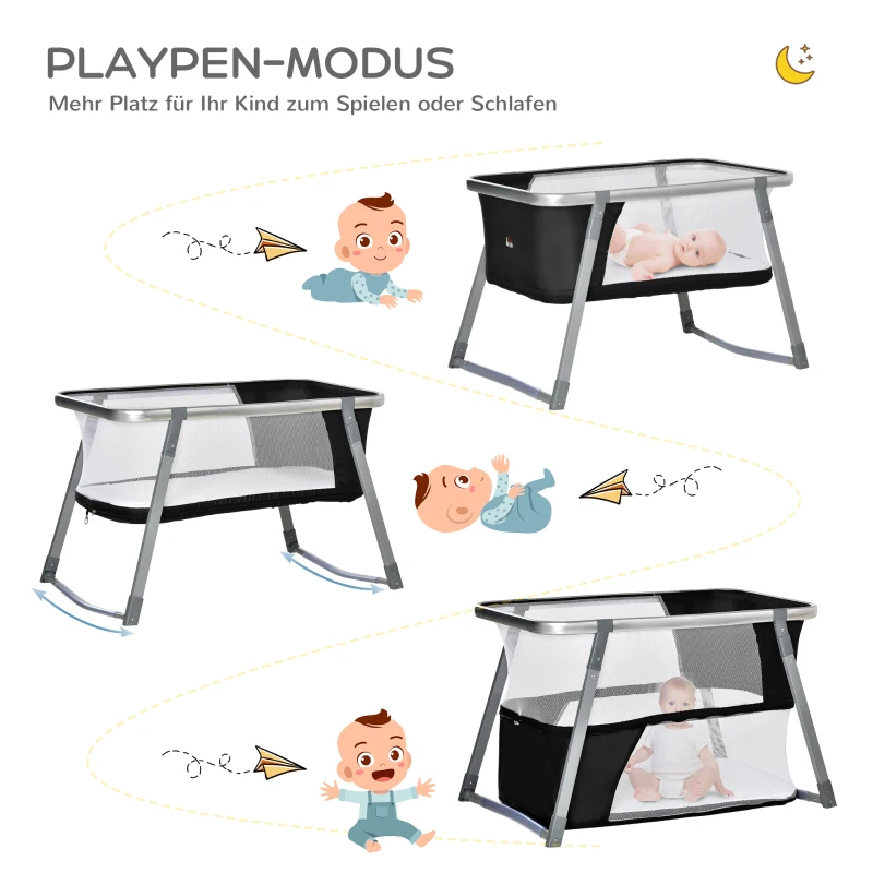HOMCOM Babybett, Reisebett, Babywiege, Laufstall, klappbar, mit Matratze, Stahl, 99,5 x 60,4 x 65cm