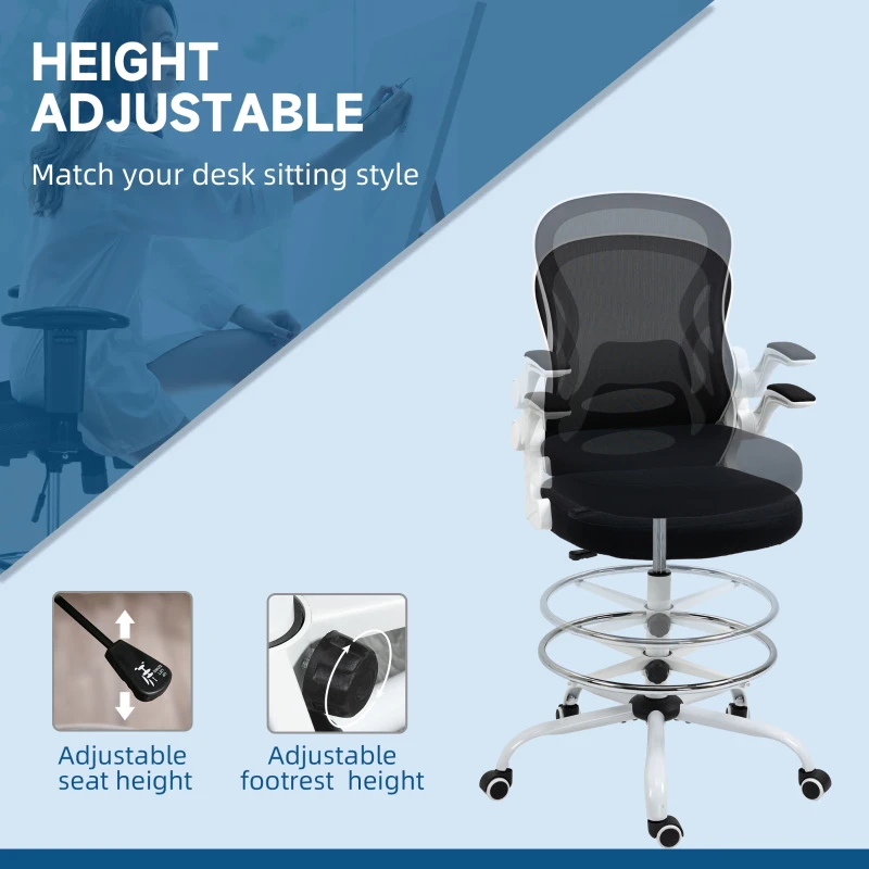 Vinsetto Scaun ergonomic inalt pentru birou, pentru stat in picioare, cotiere rabatabile, suport lombar, inaltime reglabila, negru