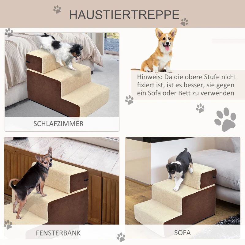 PawHut Hondentrap 3 treden kattentrap huisdierentrap huisdier pluche beige