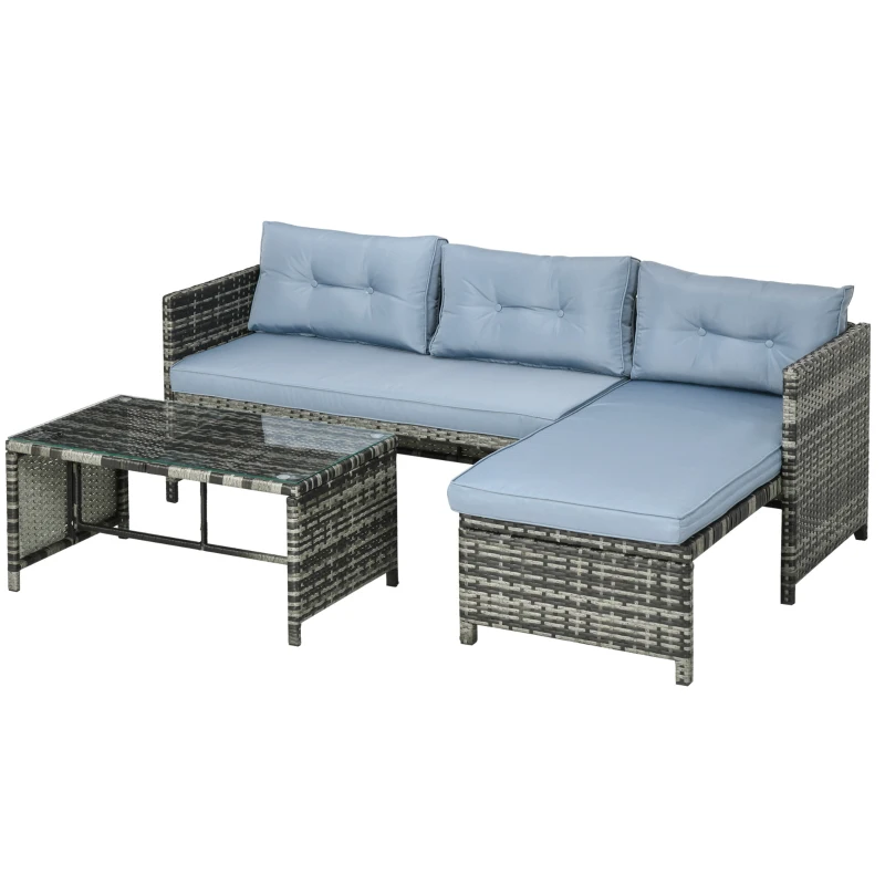 Outsunny Mobilier pentru gradina cu canapea 2 locuri, sezlong si masuta, set pentru gradina din ratan PE si geam cu perne, gri