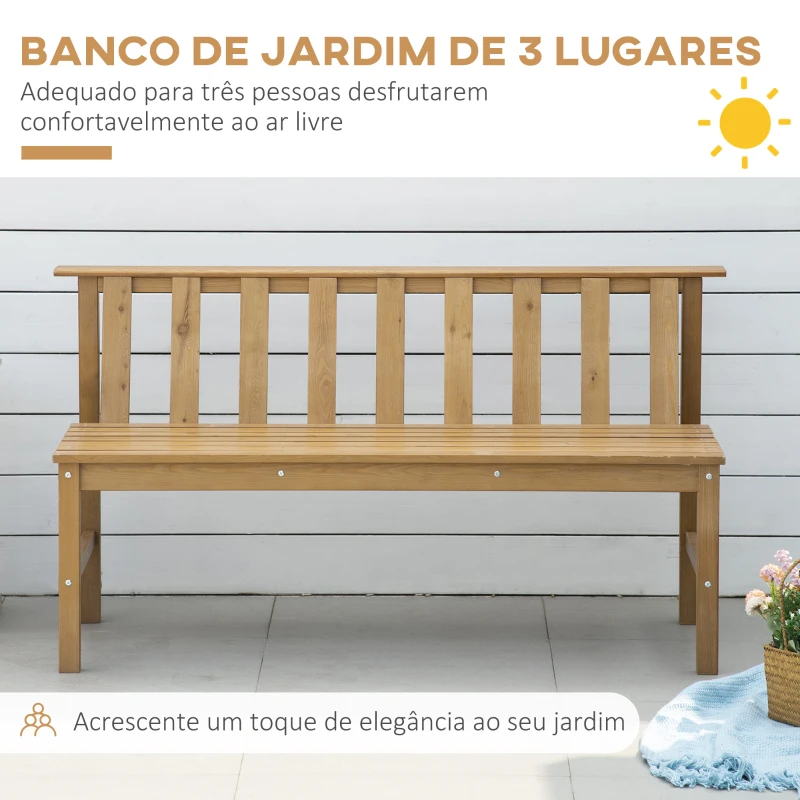 Outsunny Banco de Jardim de 3 Lugares Banco de Exterior de Madeira com Encosto de Ripas 144x60x77 cm Madeira