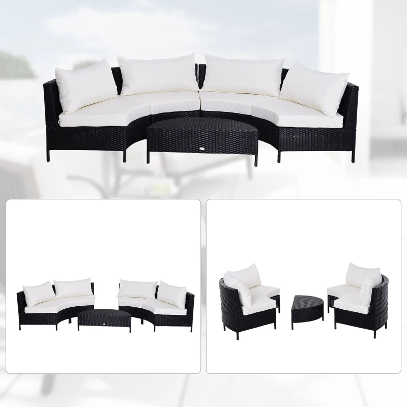 Outsunny Canapea de Extern in PE Rattan Negru cu Perna Alb , Set 5 Bucati cu Masuta(m-4)