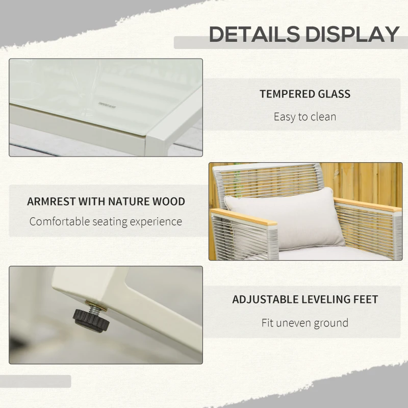Outsunny Set Mobila de  Gradina 4 Piese din Ratan PE, Salon cu 2 Fotolii, Divan si Masuta pentru Exterior cu Perne Detasabile, Gri