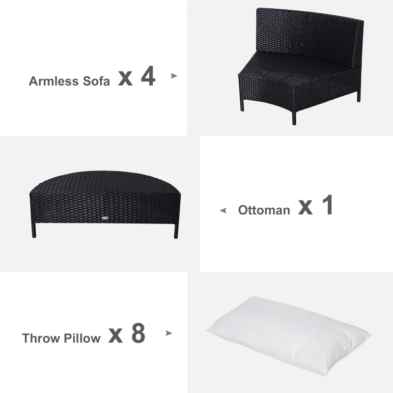 Outsunny Canapea de Extern in PE Rattan Negru cu Perna Alb , Set 5 Bucati cu Masuta(m-8)