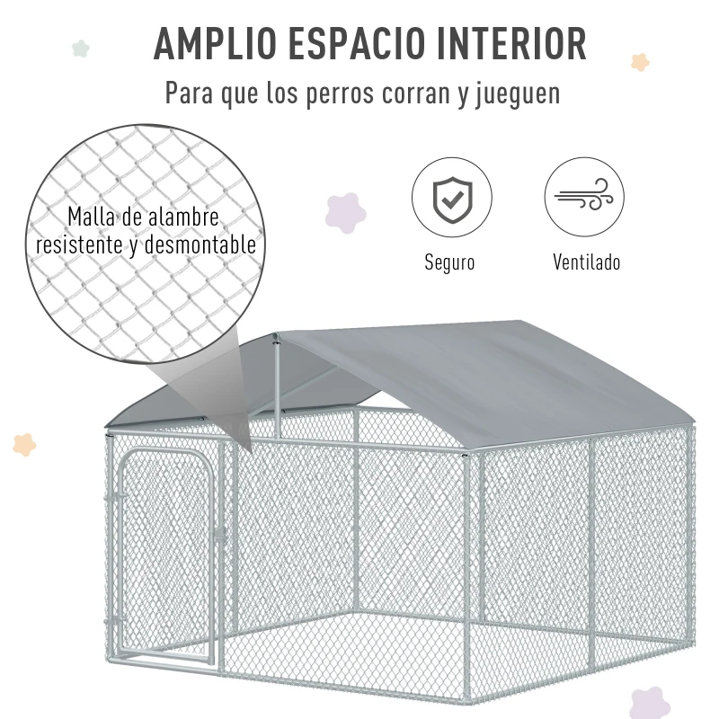 PawHut Perrera de Exterior con Toldo Jaula para Perros Mascotas de Metal Galvanizado con Cerradura para Jardín Patio 230x230x172 cm Plata
