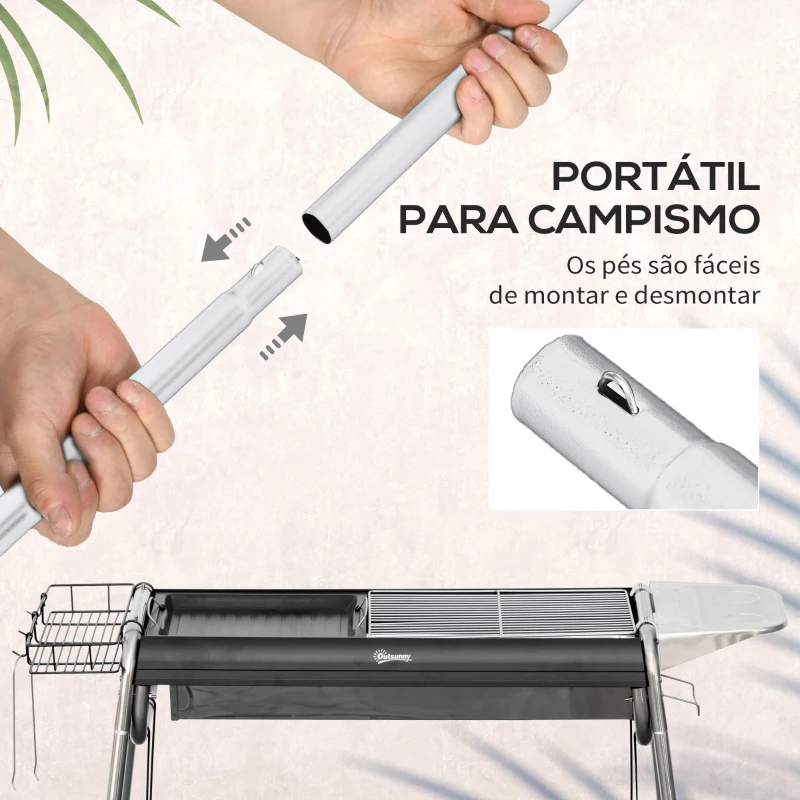 Outsunny Barbecue a Carvão Portátil com Grelha de Aço Inoxidável Prateleira para Temperos e Prateleira de Armazenamento 96x61x72 cm Preto
