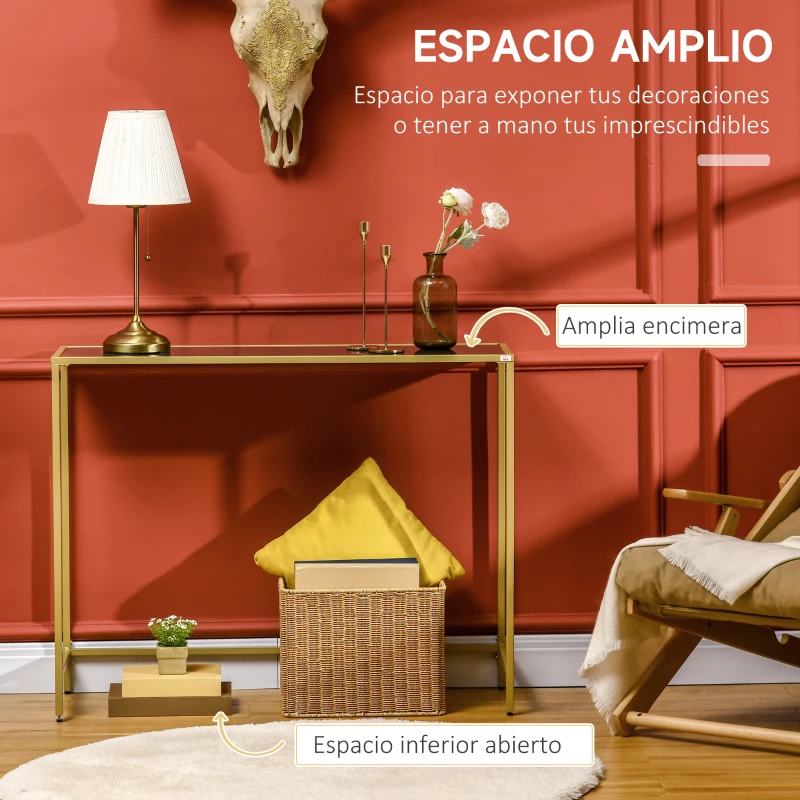 HOMCOM Consola Mesa de Entrada con Vidrio y Marco de Acero Mueble Recibidor para Pasillo Salón 100,5x35,5x80 cm Blanco