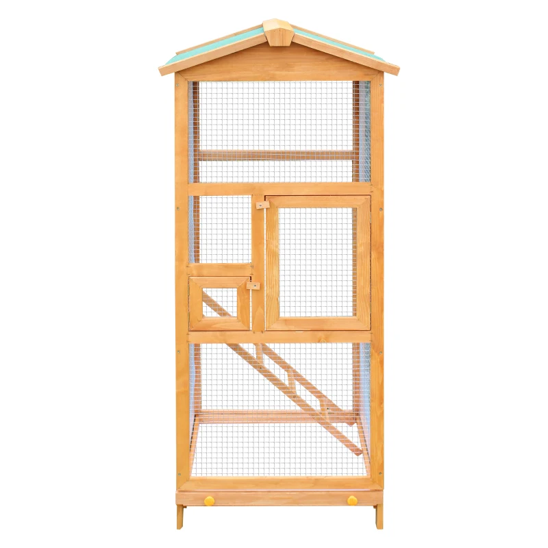 PawHut Jaula para Pájaros Grande de Madera de Abeto con 2 Puertas Bandeja Extraíble y Techo Asfáltico 68x63x165cm Madera