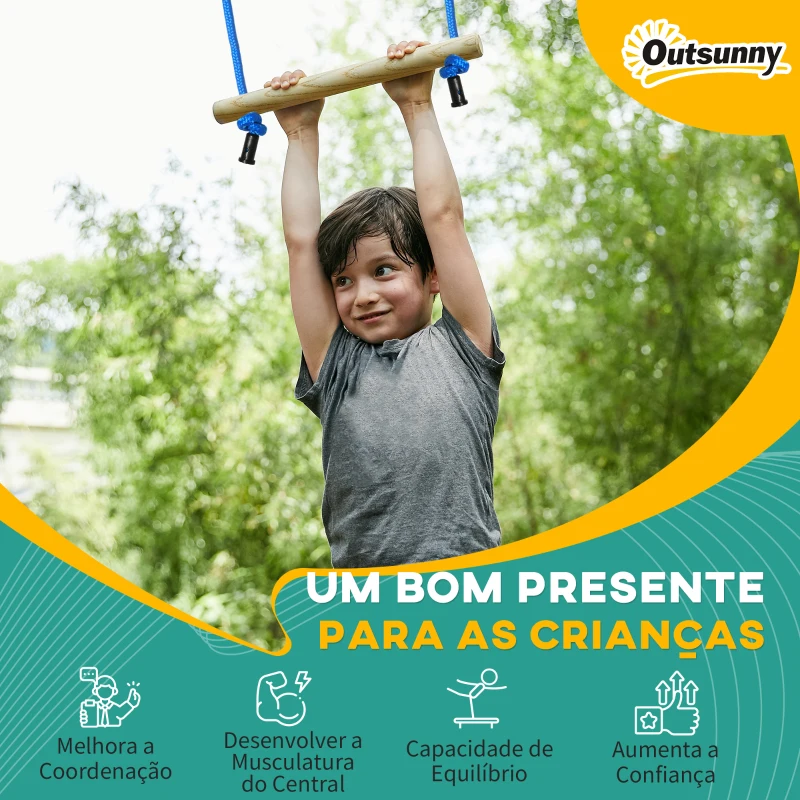 Outsunny Circuito de Obstáculos Ninja para Crianças com Corda de 10 m Barras de Madeira Anéis de Ginástica Protetor de Árvore Multicor