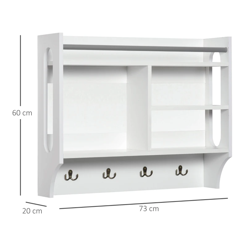 HOMCOM Estantería de Pared Organizador de Entrada con 4 Ganchos 3 Compartimentos 1 Estante y Barra Metálica Moderno para Ropa Llaves Libros 73x20x60 cm Blanco