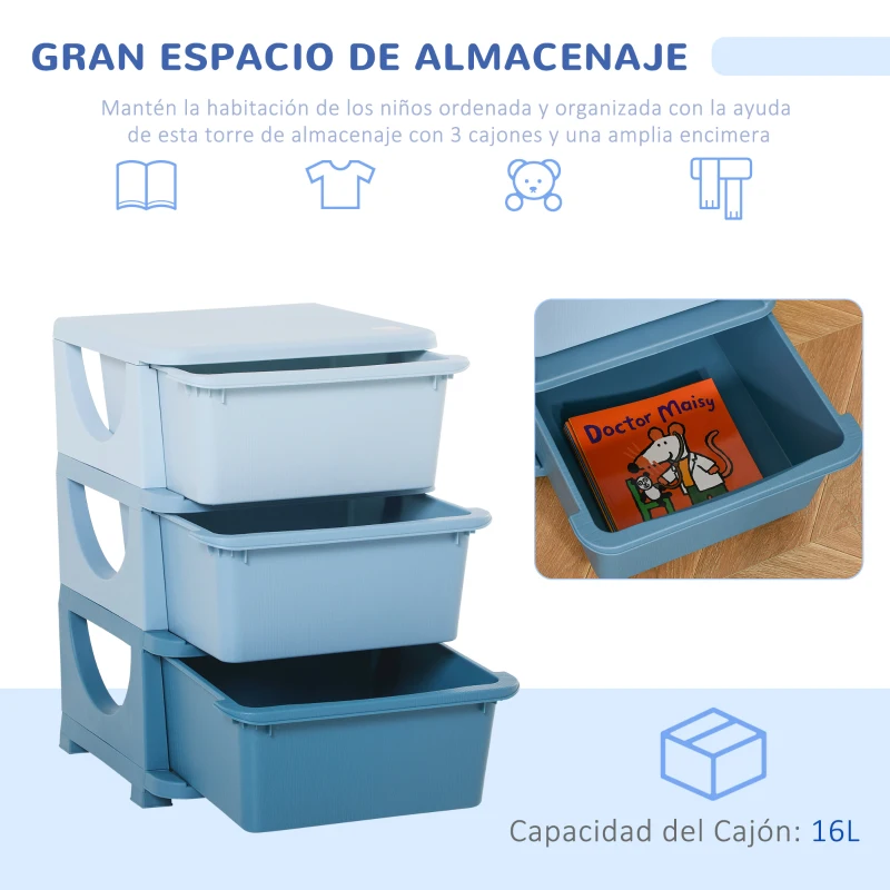 HOMCOM Torre de Almacenamiento Infantil con 3 Cajones, Organizador de Juguetes para Niños de +3 Años, con Bordes Redondeados y Asas, para Guardería, Sala de Juegos, Dormitorio, 37x37x56,5 cm, Azul