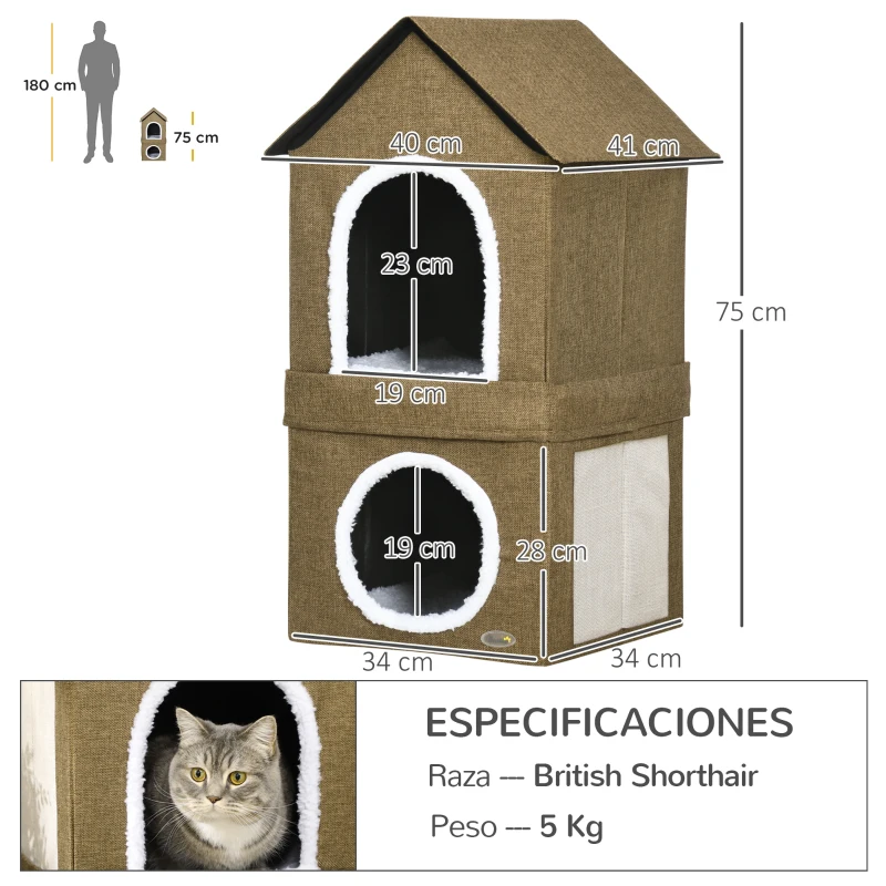 PawHut Casa para Gatos Doble con Cojines y Almohadillas Rascadoras Uso Junto o por Separado 40x41x75 cm Marrón