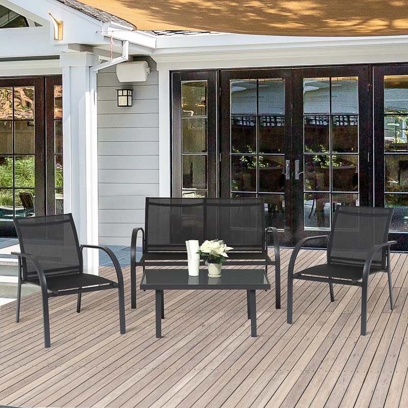 Conjunto Set Muebles de Jardín para Interiores y Exteriores 4 Piezas Incluye Una Mesa 84x44x36cm Dos Sillones 67x60x76 cm y Una Sofá 67x110x76 cm Estilo Elegante Negro