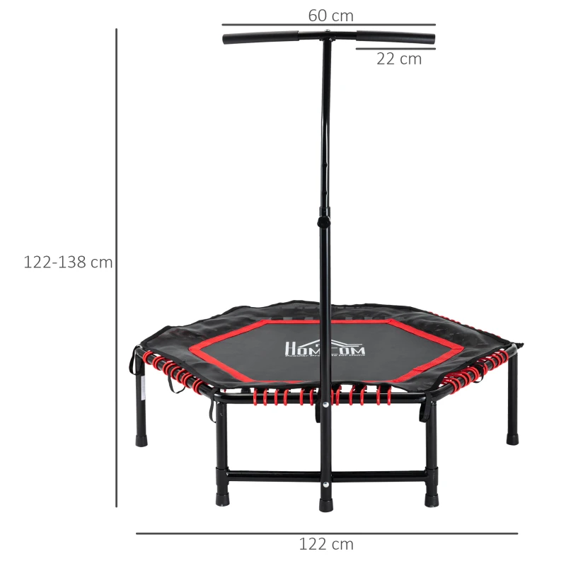 HOMCOM Trampolín de Fitness Ø122 cm Cama Elástica con Mango Ajustable de 3 Niveles 122-138 cm Funda Protectora y Marco de Acero para Interiores y Exteriores Negro y Rojo