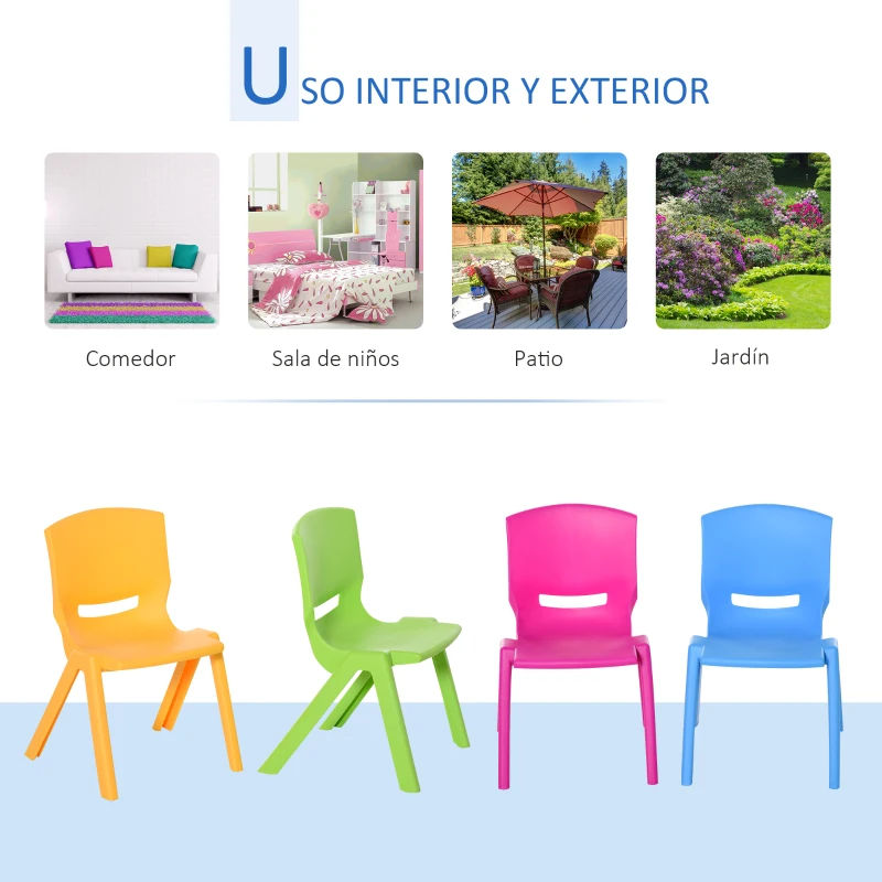 HOMCOM Sillas Apilables para Niños Juego de 4 Sillas de Aprendizaje para Interiores y Exteriores Escuela Hogar Jardín de PP Carga Máx. 30kg 36x38x56,5 cm Multicolor