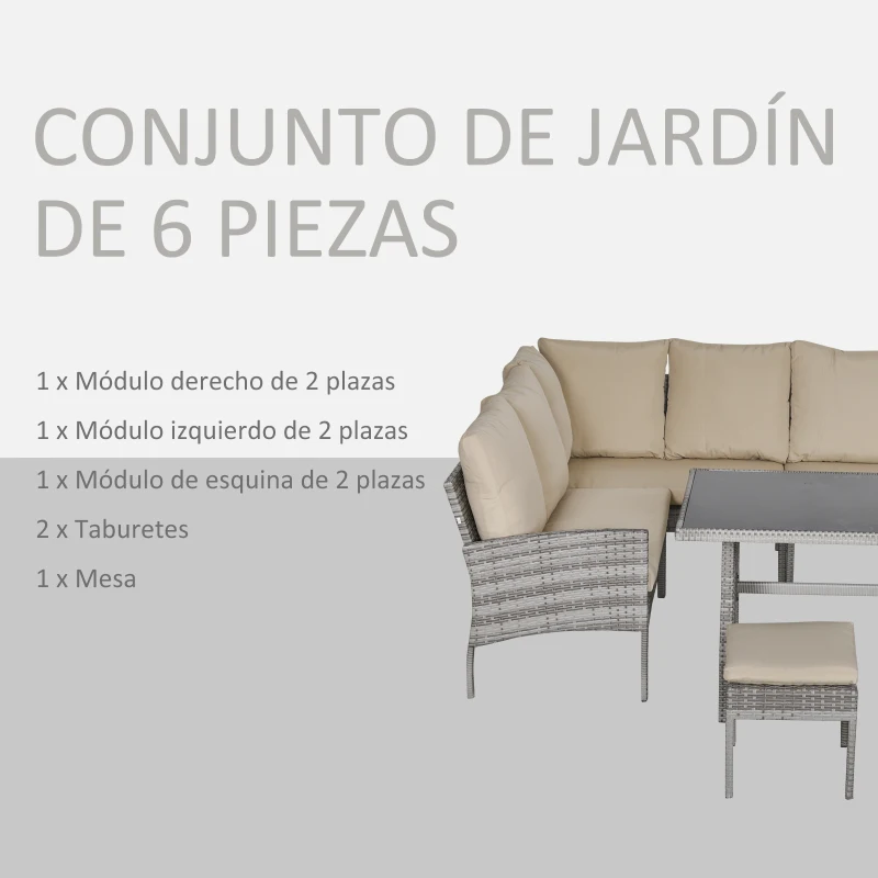 Outsunny Conjunto de Muebles de Ratán 6 Piezas de Jardín Juego de Sofás de 2 Plazas Taburete y Mesa de Comedor con Cojines Acolchados Patio Terraza Balcón Gris y Caqui