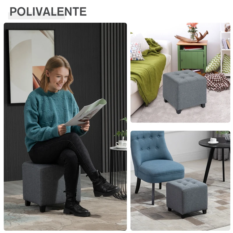 HOMCOM Taburete Bajo Otomana Reposapiés Acolchado con Patas de Madera Maciza Diseño de Botones 35x35x35 cm Gris