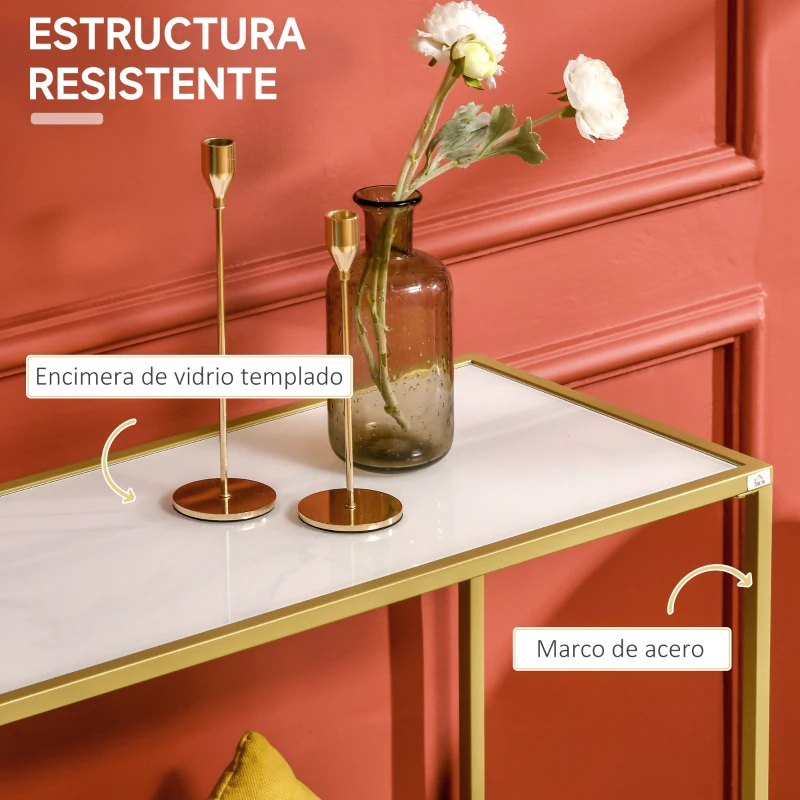 HOMCOM Consola Mesa de Entrada con Vidrio y Marco de Acero Mueble Recibidor para Pasillo Salón 100,5x35,5x80 cm Blanco